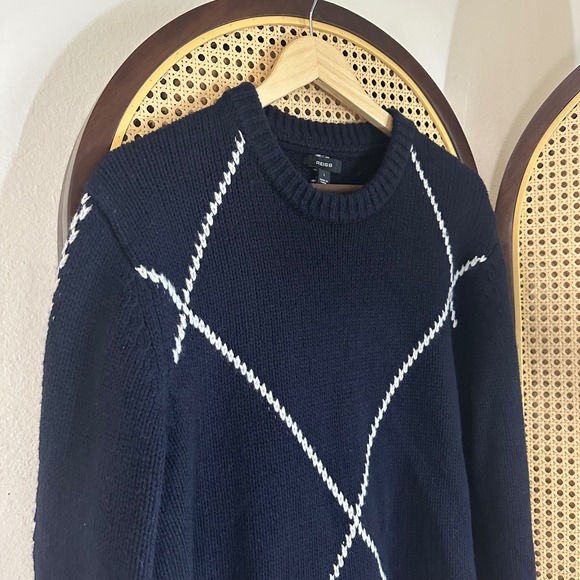 NWOT Reiss Navy Blue White Argyle Knit Wool Blend Pullover Sweater Size Large - Picture 4 of 9
